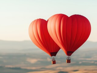 Fototapeta premium Heartshaped hot air balloons casting gentle shadows over a sunny landscape, serene and romantic