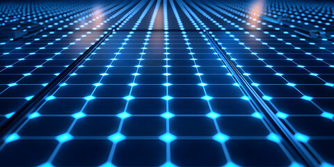 Obraz premium Futuristic grid of solar cells glowing with blue light, showcasing renewable energy technology and innovation
