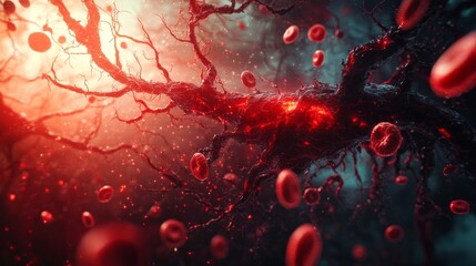 Microscopic View of Red Blood Cells and Vessels Highlighting Circulation and Vascular Connections in the Human Body
