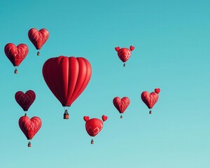 Obraz premium Hot air balloons shaped like cupid s arrows, ascending into a bright and cloudless Valentine sky