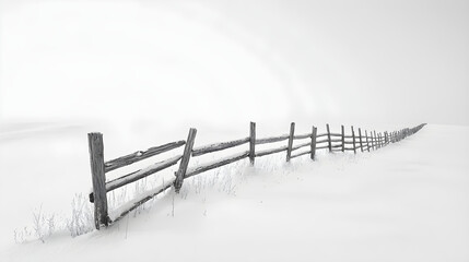 Rustic Tranquility: An Old Wooden Fence in a Serene Snowy Field