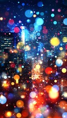 Obraz premium Abstract City Lights, Blurred Urban Skyline At Night With Out Of Focus, Colorful Bokeh Effect