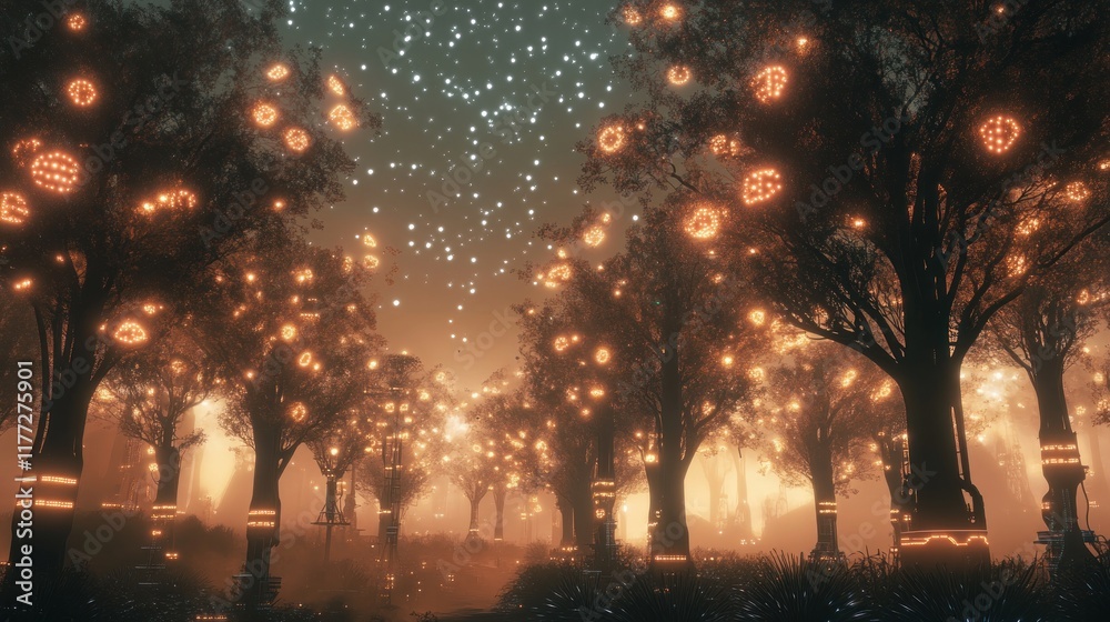Poster a mystical forest illuminated by glowing pumpkins and stars, creating an enchanting atmosphere.