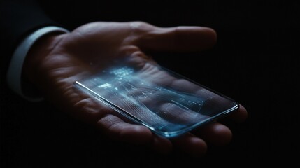 business, statistics, people and future technology concept - close up of businessman hand with charts on transparent smartphone screen and virtual projections over black background