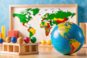 Brightly Colored Wooden Montessori Map & Globe Educational Toy