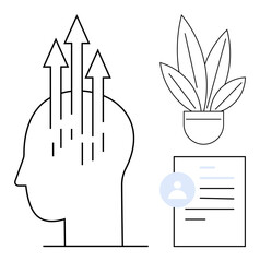 Profile of a head with upward arrows, a potted plant, and a document icon. Ideal for mental growth, personal development, career advancement, self-improvement, mindfulness, motivation education