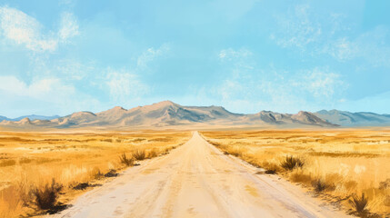 Fototapeta premium vast desert road stretches into distance, surrounded by golden grass and mountains under clear blue sky. scene evokes sense of adventure and tranquility