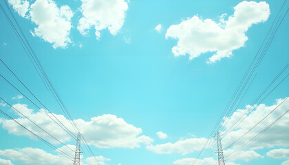 Power transmission lines and blue sky with clouds. Symmetry image