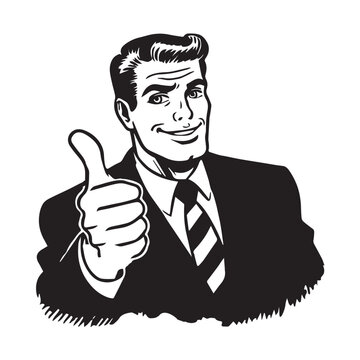 1950s ads mascot of a man in a suit showing thumb up gesture, vector clip art, isolated on white