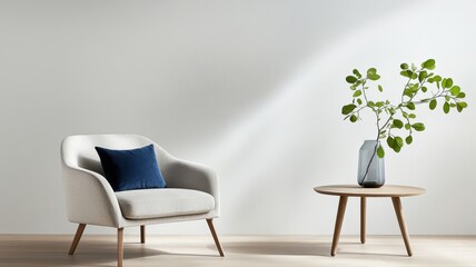 Cozy living room interior featuring a light gray velvet armchair with a stylish blue pillow for a modern touch.