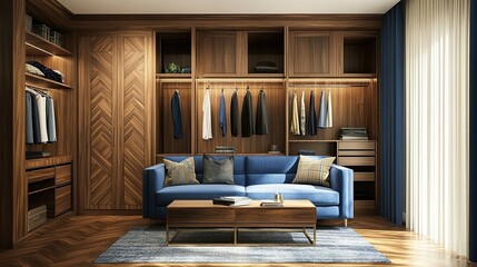 living room interior design, wooden wardrobe and wooden floor, blue sofa
