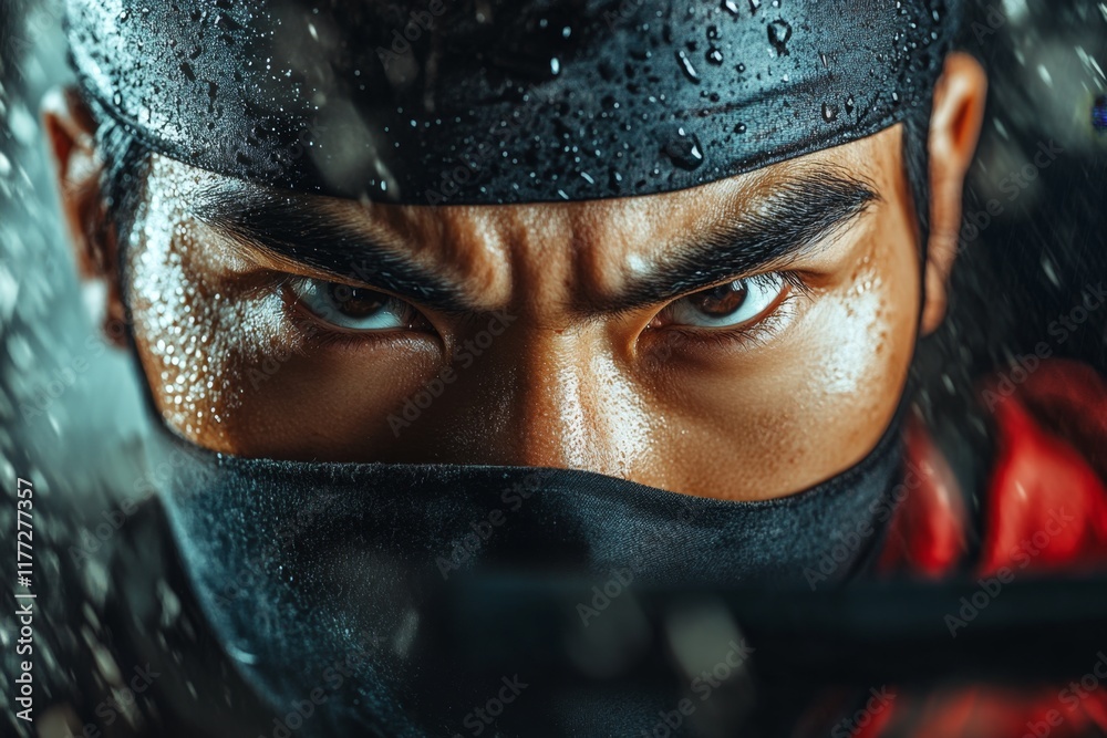 Poster a hyper-realistic close-up of a kung fu master face, showing sweat, determination, and intense focus