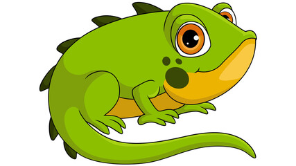 Bright green iguana cartoon illustration with big, cheerful eyes, a yellow belly, and a playful design. Perfect for kids' art or fun graphics.