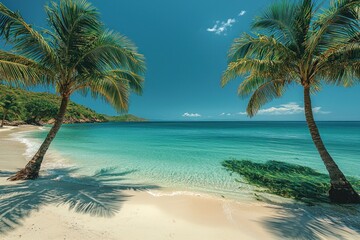 Fototapeta na wymiar Tropical beach with palm trees, turquoise water, white sand, and distant island