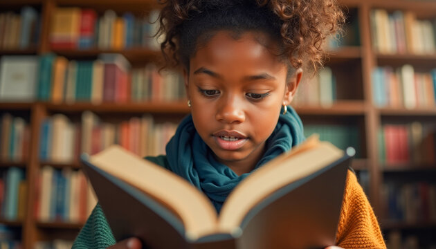 Young girl reading a book in a cozy library