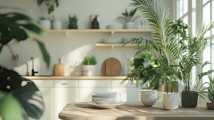Minimalism modern interior of Scandinavian design. Bright living room-studio, with a kitchen island, green plants and a table with dishes.