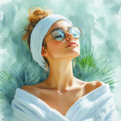 Image of young girl in spa salon in watercolor style, popular modern illustration creating a sublime, comfortable and elegant atmosphere for maximum relaxation