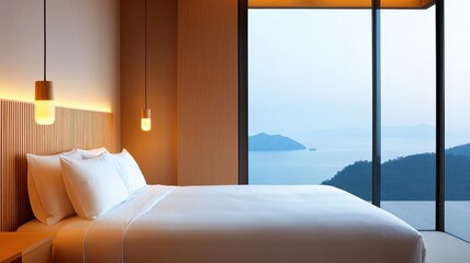 Relax in a serene hotel room with a large bed and soft, calming lighting for the perfect getaway.