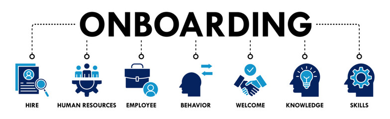 Onboarding banner web icon vector illustration concept for human resources business industry to introduce newly hired employee into an organization with behavior, welcome, knowledge, and skills icon