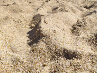 Fine golden sand covering a beach during a sunny day with clear skies, creating a serene and tranquil atmosphere for relaxation