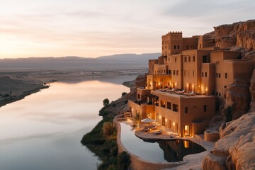 Fototapeta premium A ksar glowing in the soft light of sunset, with the oasis reflecting warm hues of orange and pink