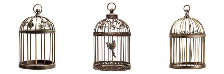 Set of A simple, elegant bird cage with the word "quote" displayed on a tag hanging from it on transparent png background