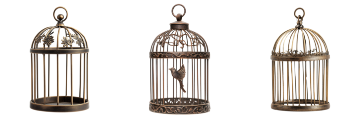Set of A simple, elegant bird cage with the word "quote" displayed on a tag hanging from it on transparent png background