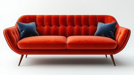 Fototapeta premium Modern Orange Velvet Sofa with Button Tufting for Living Room