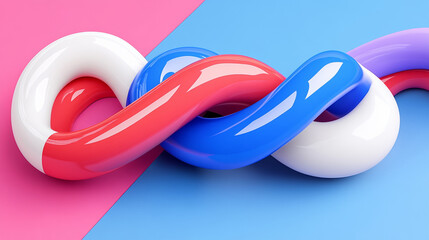 Colorful abstract twisted shapes on pink and blue background