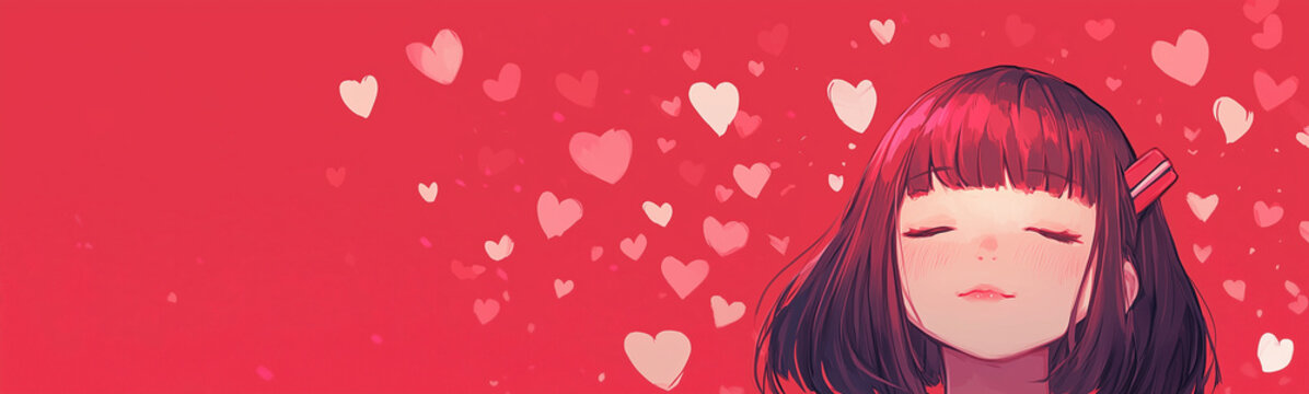anime girl and hearts around on red background, valentine day concept, spice for text
