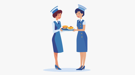 Elegant Stewardess in Blue Uniform Serving Meals on Tray