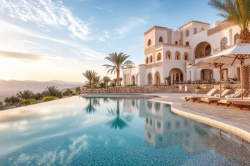 Obraz premium A ksar in the Moroccan desert, with intricate patterns on its walls and a tranquil oasis pool in the foreground