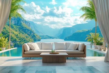 Relaxation area on the terrace. Large sofa with pool and nature views. Outdoor terrace of a house