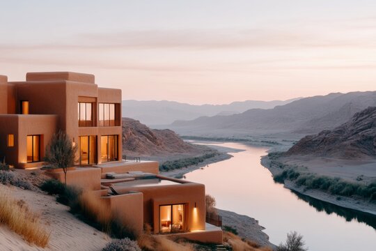 A ksar overlooking an oasis at dusk, with warm lights glowing from the windows and the desert sky fading to purple