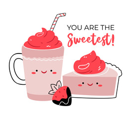 Strawberry cake, dessert, cheesecake and latte, sweet drink. Couple in love. You are the sweetest! Valentine's Day.
