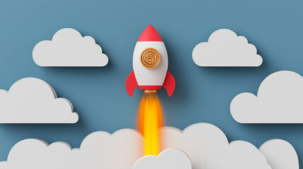 rocket with coin symbol is soaring through clouds, representing financial growth and ambition. vibrant colors and dynamic motion evoke excitement and innovation