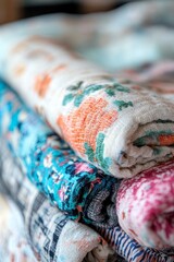 Fototapeta premium Close Up, Soft Focus Stack of Colorful Fabric with Floral Pattern. Fashion and Apparel Background