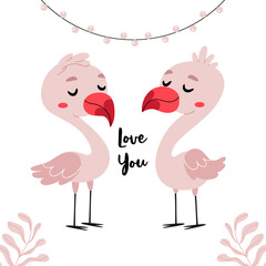 Two pink flamingos in love. I love you. Valentine's Day. Pale pink colors.