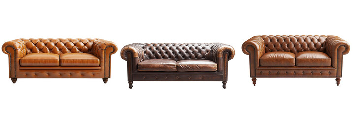 Set of A sleek black leather recliner sofa with a modern design and plush seating on transparent png background