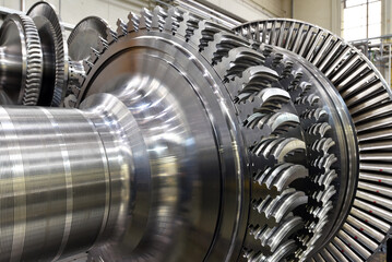 production of modern gas turbines in an industrial plant - closeup of the turbine made of steel