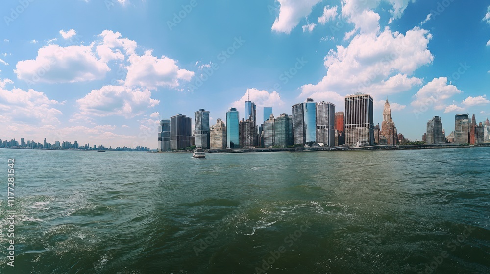 Poster a panoramic view of a city skyline with water in the foreground and clouds above.