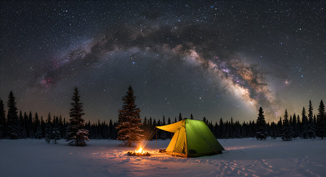 Canvas Tent with Winter Milky Way Galaxy Night Sky Landscape.
