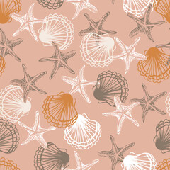 Retro Sea Shells and Starfish Vector Seamless Pattern