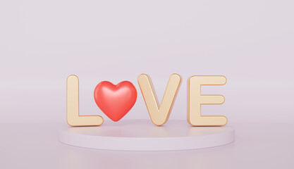 Gold LOVE Letters with Red Heart on Minimalist Platform Valentines Day Romance Concept