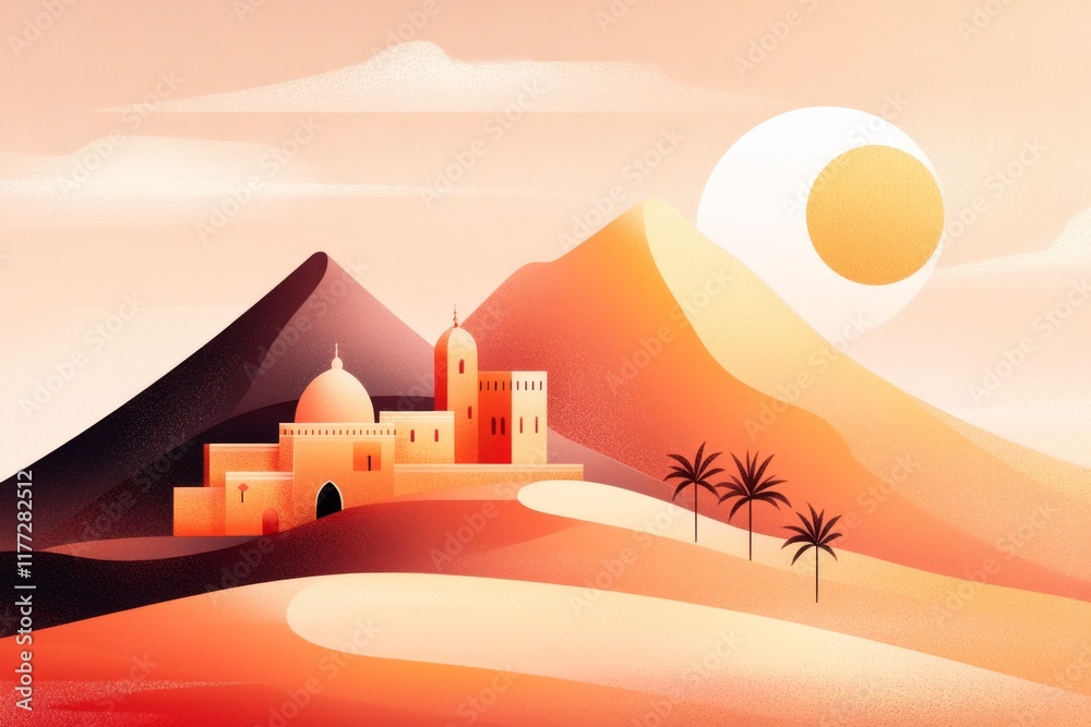 Poster a minimalist depiction of an oasis ksar, with simple geometric shapes representing the buildings and