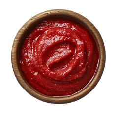 Top View of Red Tomato Paste in Wooden Bowl on Transparent Background