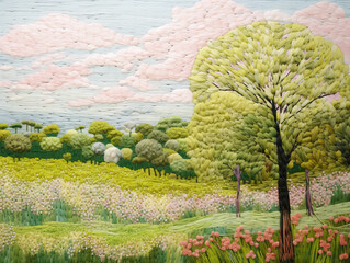Rural Scenery Embroidery Line Painting