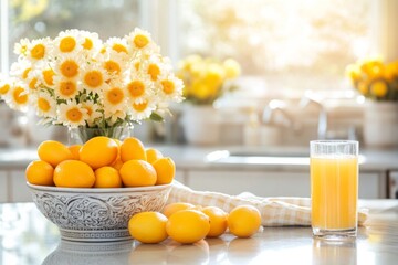Naklejka premium A modern kitchen scene featuring kumquats arranged in a decorative bowl next to fresh flowers and a glass of juice