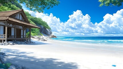 Fototapeta premium Serene Beach House Ocean View Tropical Paradise