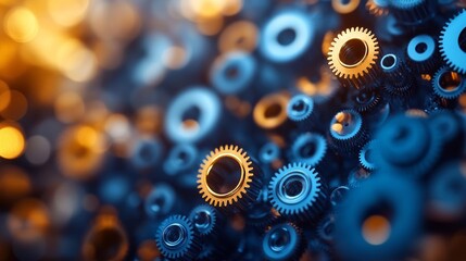 Dynamic abstract design featuring gears and cogs in vivid blue and yellow hues for a motion effect